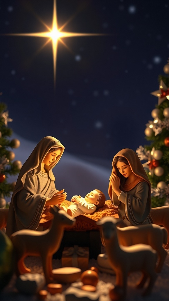 Nativity scene with baby Jesus in a manger, Mary and Joseph, under a bright star.